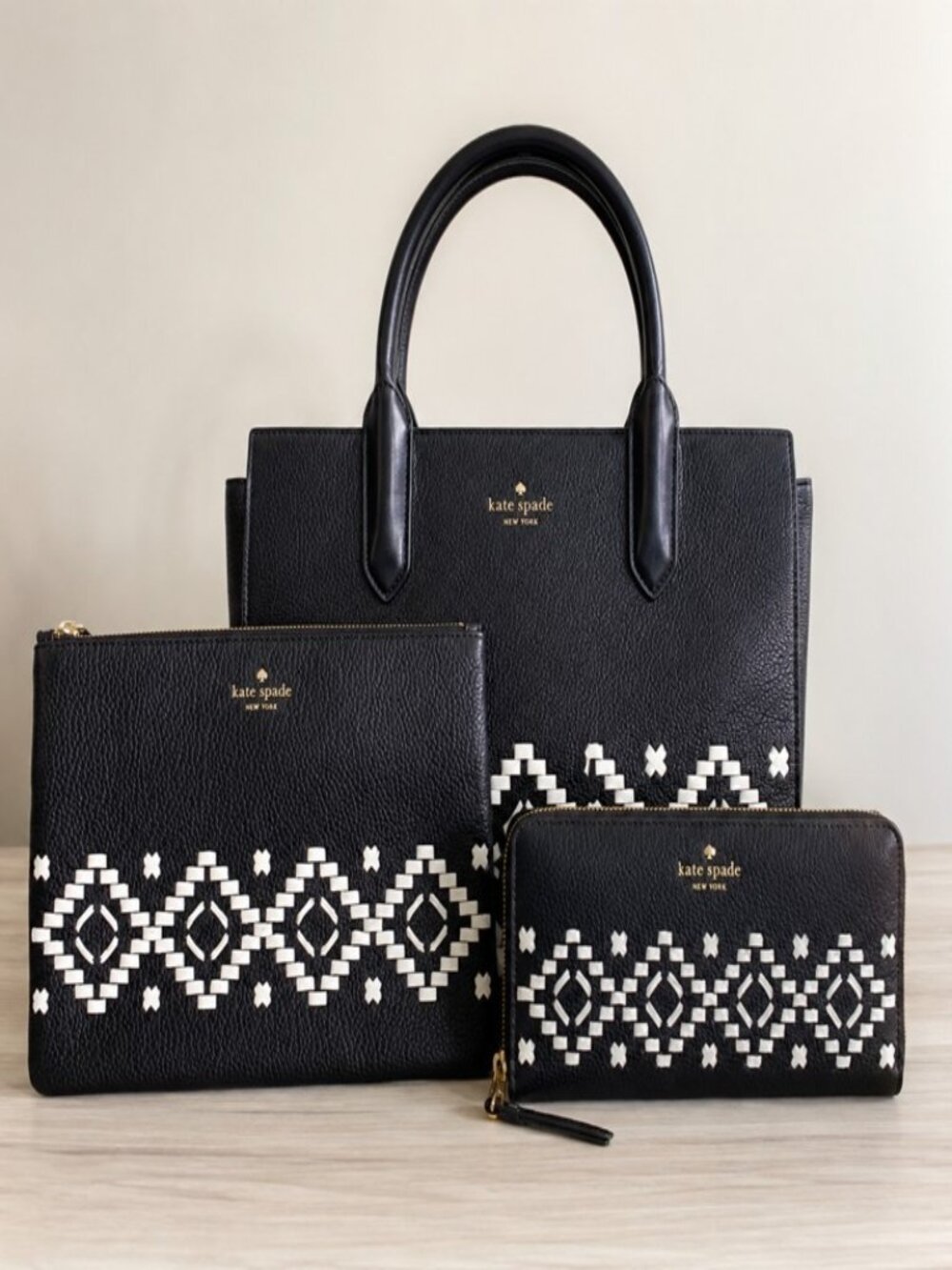 Kate Spade New York Black Pebbled Leather Tote Large Wristlet Wallet 3 Piece Set